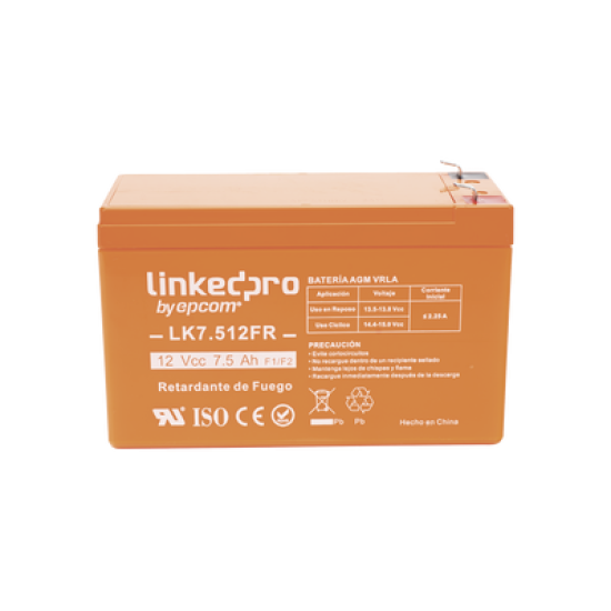 Batería 12 V / 7.5 Ah / UL / Tecnología AGM-VRLA / Vida útil promedio de 5 años / Retardante a la Flama / Para equipo electrónico, Alarmas de Intrusión / Incendio/ Control de acceso / Video Vigilancia / Terminales