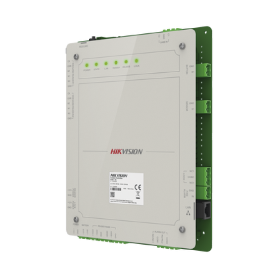 Controlador de Acceso 1 Puerta Administrable en la Nube con Hik-Connect Teams / Interfaz Web / 2 Lectores de Huella o Tarjeta / 100,000 Tarjetas / 10,000 Huellas / Incluye Gabinete y Fuente de Alimentación 12v 4A / Soporta Batería de Respald