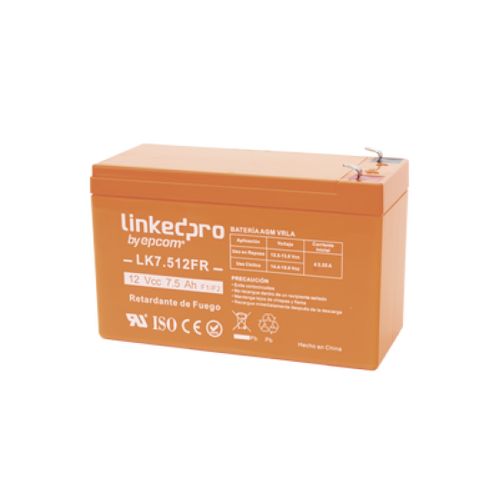 Batería 12 V / 7.5 Ah / UL / Tecnología AGM-VRLA / Vida útil promedio de 5 años / Retardante a la Flama / Para equipo electrónico, Alarmas de Intrusión / Incendio/ Control de acceso / Video Vigilancia / Terminales