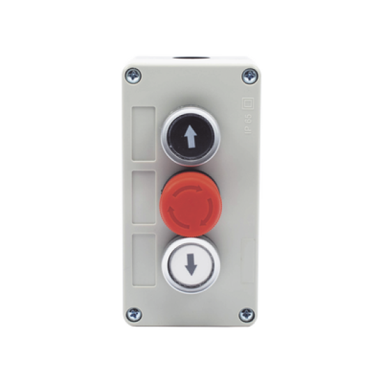 Botonera Triple con Boton de Stop Tipo Enclavado / Para Barreras Vehiculares, Operadores Corredizos y Abatibles. 