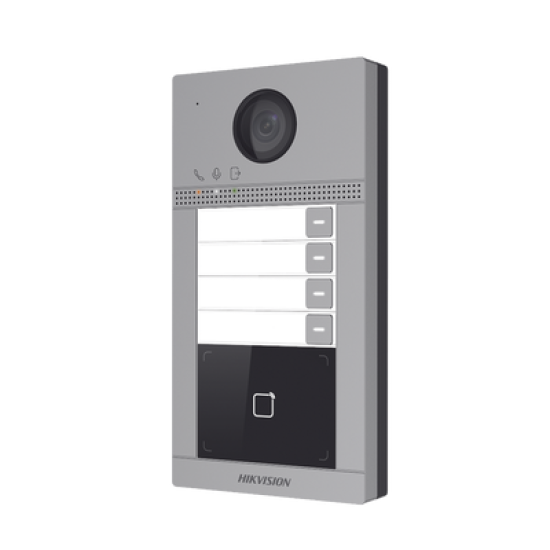 Videoportero IP 2 Megapixel / Llamada y Apertura Remota desde App Hik-Connect / PoE / Exterior IP65 + Antivandalico IK08 / 4 Departamento / Apertura con Tarjeta / Soporta 2 Puertas y hasta 6 Monitores
