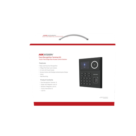 Kit WiFi de Control de Acceso Lite TODO INCLUIDO con Lector de Rostros, Tarjetas y Huellas / 500 Rostros / Compatible con App HIKConnect / Incluye Electroimán  Botón de Salida y Montajes Z y L para imán 