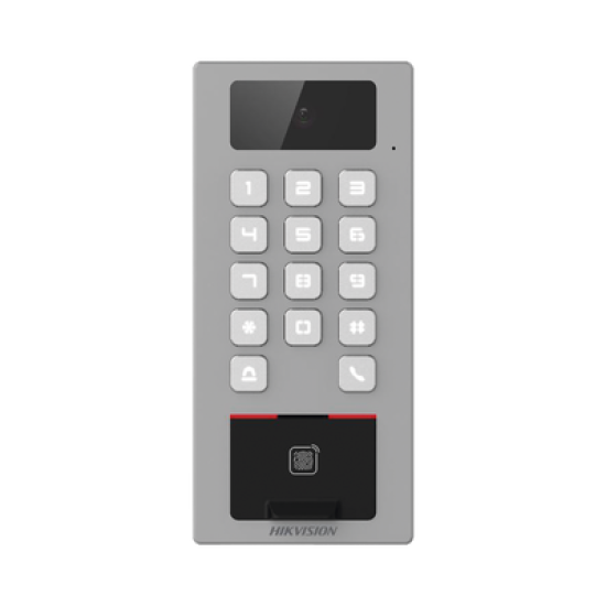 Lector Biometrico con Teclado para Exterior Antivandálico IP65 & IK09 con función de Videoportero Multiapartamento /  Huella, Tarjeta, Código QR, PIN o App HikConnect  / Cámara 2 MP compatible con NVRs / Soporta biom