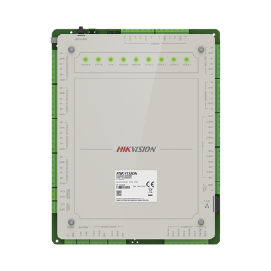 Controlador de Acceso 4 Puertas Administrable en la Nube con Hik-Connect Teams / Interfaz Web / 8 Lectores de Huella o Tarjeta / 100,000 Tarjetas / 10,000 Huellas / Incluye Gabinete y Fuente de Alimentación 12Vcd 8 A / Soporta Batería de Res
