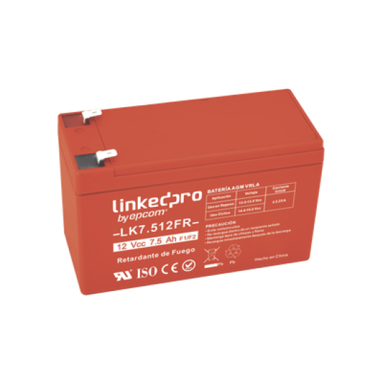 Batería 12 V / 7.5 Ah / UL / Tecnología AGM-VRLA / Vida útil promedio de 5 años / Retardante a la Flama / Para equipo electrónico, Alarmas de Intrusión / Incendio/ Control de acceso / Video Vigilancia / Terminales