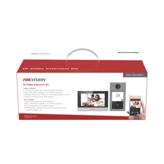 Kit de Videoportero IP PoE Estandar con llamada a App de Smartphone (Hik-Connect) / Apertura con Tarjeta MIFARE / Frente de calle IK08 & IP65 / Soporta 2 puertas