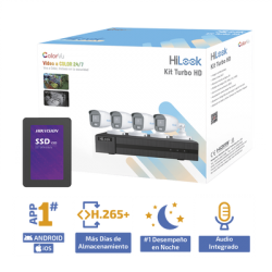 Kit TurboHD 1080p + SSD 1 TB / DVR 4 Canales / 4 Cámaras Bala ColorVu con Micrófono Integrado / Fuente de Poder / Accesorios de Instalación