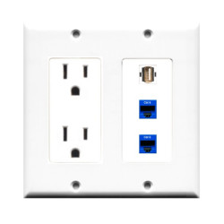 Placa Tapa doble gang en ABS contacto eléctrico doble + USB 2.0 + 2 Jack RJ45 Cat6