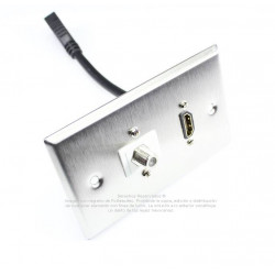 Placa Tapa HDMI pigtail + Coaxial tipo F para antena en Acero Inoxidable