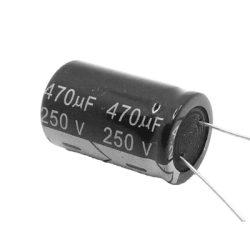 Capacitor Electrolítico de Aluminio, Radial de 470 µFd, 250 Vcc, 105 °C, 25 x 40 mm.