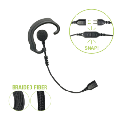 Auricular de gancho para el oído (RESPONDER) con cable de fibra trenzada y conector SNAP. Requiere micrófono de solapa de 1 o 2 hilos de la Serie SNAP.