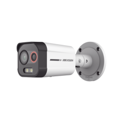 Bala IP Dual / Térmica 1.3 mm (96 x 72) / Óptico 4 mm (4 Megapixel) / Detección de Excepciones de Temperatura 30 mts /30 mts Luz Blanca / Exterior IP67 / PoE / Sirena y Luz Intermitente Integrada / Micro SD / ColorVu y ACUSENSE 