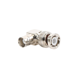 Adaptador en Ángulo Recto, de Conector BNC Macho a BNC Hembra, 50 Ohm (Monitor), Níquel/ Plata/ Teflón.