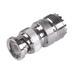 Adaptador en Linea para 50 Ohm, Conector BNC Macho-UHF Hembra (SO-239), Níquel/ Oro/ Delrin.