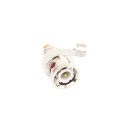 Conector BNC macho en 75 Ohm, para cable coaxial RG-59 / Con base de alivio negra de PVC, Níquel/ Oro/ PTFE.
