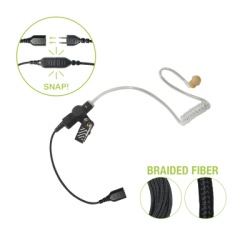 Auricular de tubo acústico transparente con cable de fibra tranzada con conector SNAP tipo MIRAGE. Requiere micrófono de solapa de 1 o 2 hilos de la Serie SNAP.