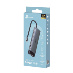 Adaptador HUB 9 en 1, 1 puerto USB-C entrada, 1 puerto HDMI 4K, 1 puerto Ethernet Gigabit, 1 puerto SD y MicroSD, 1 puerto USB-C y 3 puertos USB-A