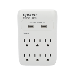 Multicontacto de Pared 110 Vca / Supresor de Picos 1080 Joules / 6 x Nema 5-15P / 2 x USB (5V @3.4A) 