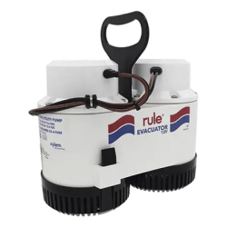 Bomba de evacuación con capacidad de desagüe de 7700 galones por hora a 12 Volts de corriente directa.