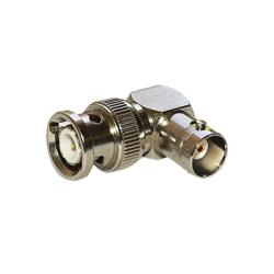Adaptador en Ángulo Recto, de Conector BNC Macho a BNC Hembra, 50 Ohm (Monitor), Níquel/ Plata/ Teflón.