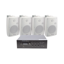 KIT de Amplificador de 120W para Escritorio | 4 Altavoces de Pared color Blanco 2.5W - 20W | Sistema 70/100V