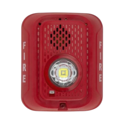 Sirena con Lámpara LED Estroboscópica / a 2 Hilos / Montaje en Pared / 12 o 24 Vcd / Configuración Estroboscópica Seleccionable / Texto en Inglés / Color Rojo 