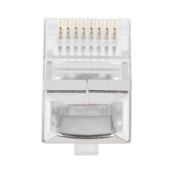 Bote con 100 Plugs Pass through RJ45 Cat5e BLINDADO, chapado de oro a 30 micras para durabilidad extrema