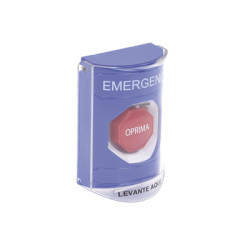 Botón Multipropósito, Color Azul, De Superficie, Con Tapa De Policarbonato, Con Bocina Prealarma, Para Interior, Llave Para Restablecer, Texto De Emergencia, Español