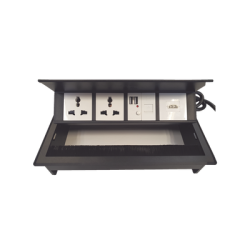 Caja Horizontal tipo Hub para escritorio color negro, con 1 Puerto HDMI Hembra-Hembra, 1 puerto RJ45 Cat6,  2 Puertos USB (Solo carga),  y 2 Contactos eléctricos universales