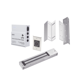 Kit para control de acceso incluye Fuente de 12VCD con respaldo de batería/ Chapa magnética de 600Lbs / Montajes L y Z / Botón de salida 