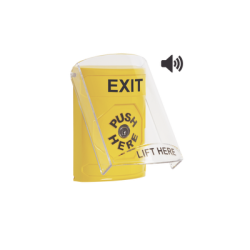 Botón de Salida, Texto en Ingles, Tapa Protectora de Policarbonato Súper Resistente, Llave para restablecer, Bocina integrada de Advertencia