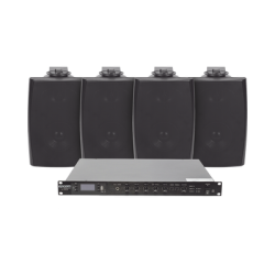 KIT de Amplificador de Audio 120W para Rack | 4 Altavoces de Pared color Negro 2.5W - 20W | Sistema 70/100V