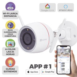 Bala IP 3 Megapíxel / Wi-Fi  / Audio de Dos Vías / Visión Nocturna en Color / Sirena / Estrobo / Detección de movimiento / Notificación Push / Ranura Para Memoria / Uso en Exterior 